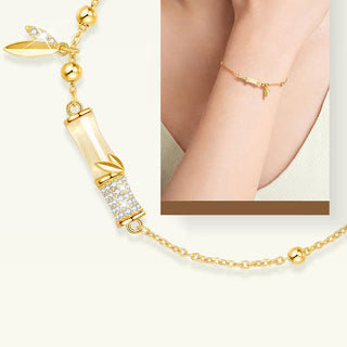 Buddha Gift 925 Sterling Silver 18K Gold Plated White Jade Bamboo Zircon Leaf Luck Bracelet