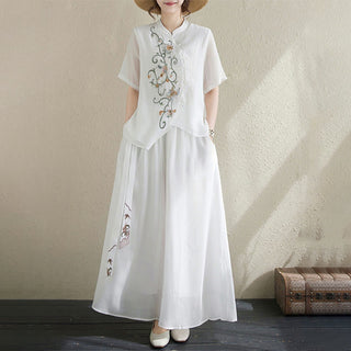 Buddha Gift 2Pcs Flower Embroidery Short Sleeve Tee T-shirt Wide Leg Pants Set