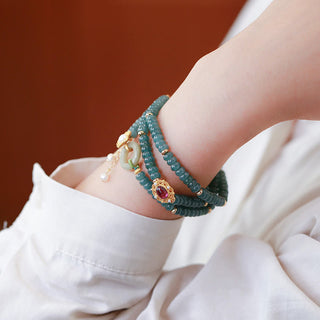 Buddha Gift 925 Sterling Silver Gold Plated Cyan Jade Flower Peace Buckle Success Triple Wrap Bracelet