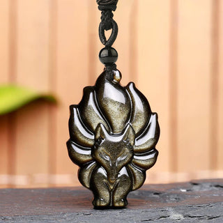 Buddha Gift Natural Fluorite Gold Sheen Obsidian Fox Pendant Protection Necklace