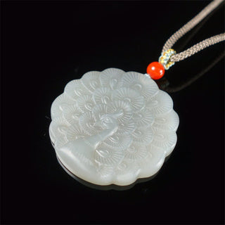 Buddha Gift White Jade Peacock Protection Blessing Necklace Pendant