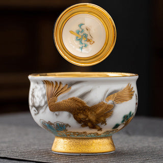 Buddha Gift Golden Eagle Auspicious Dragon Sun Ocean Waves Gilt Ceramic Teacup Kung Fu Tea Cup