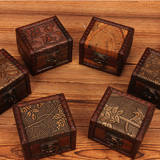 Buddha Gift Retro Small Square Wood Jewelry Box Lotus Grass Flower Grape Copper Coin Daffodil Jewelry Storage Box