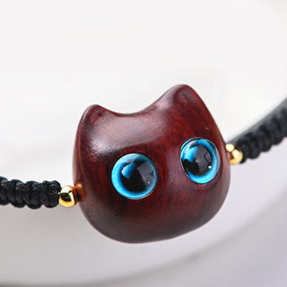 Buddha Gift Small Leaf Red Sandalwood Ebony Wood Cute Cat Head Calm Protection Braided Bracelet