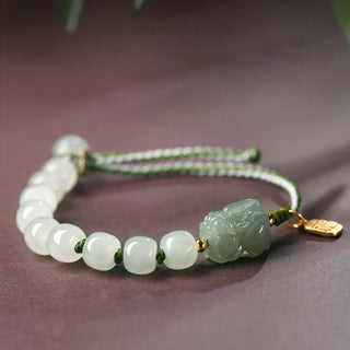 Buddha Gift Natural Hetian Jade PiXiu Luck Fu Character String Bracelet