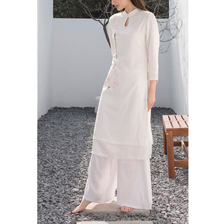 Buddha Gift 2Pcs Lotus Pattern Tai Chi Meditation Yoga Cotton Linen Clothing Top Pants Women's Set