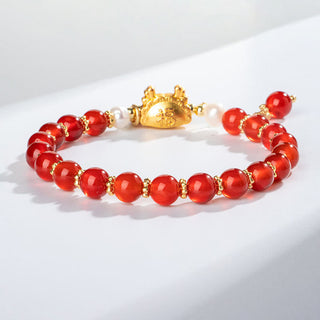 Buddha Gift Year Of The Dragon Natural Red Agate Pink Crystal Black Onyx Dumpling Luck Fu Character Bracelet