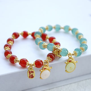 Buddha Gift Year of the Dragon Red Agate Green Aventurine Peace Buckle Fu Character Lucky Fortune Bracelet