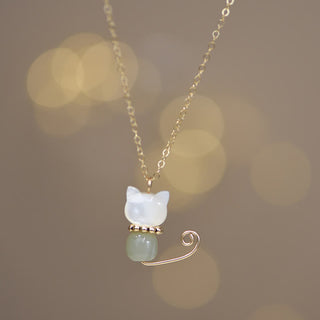 Buddha Gift 14K Gold Plated Pearl Hetian Jade Shell Luck Cat Kitten Necklace Pendant