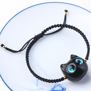 Buddha Gift Small Leaf Red Sandalwood Ebony Wood Cute Cat Head Calm Protection Braided Bracelet