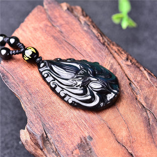 Buddha Gift Natural Rainbow Obsidian Nine Tailed Fox Inner Peace Necklace Beaded String Pendant