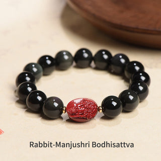 Buddha Gift Chinese Zodiac Natal Buddha Natural Black Obsidian Cinnabar Purification Bracelet