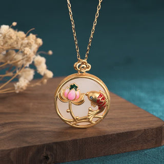 Buddha Gift White Jade Koi Fish Lotus Blessing Necklace Pendant