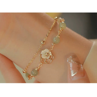 Buddha Gift 14K Gold Plated Jade Butterfly Tridacna Stone Flower Double Layer Luck Bracelet
