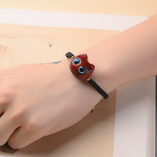 Buddha Gift Small Leaf Red Sandalwood Ebony Wood Cute Cat Head Calm Protection Braided Bracelet