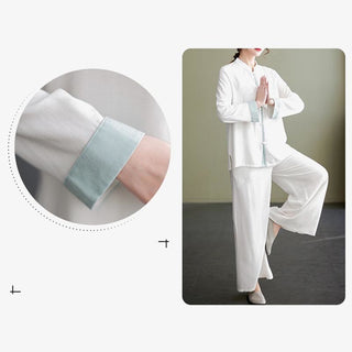 Buddha Gift 2Pcs Tang Suit Long Sleeve Shirt Top Pants Meditation Zen Tai Chi Cotton Linen Clothing Women's Set
