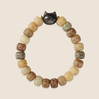 Buddha Gift Bodhi Seed Silver Sheen Obsidian Cat Head Om Mani Padme Hum Engraved Harmony Bracelet