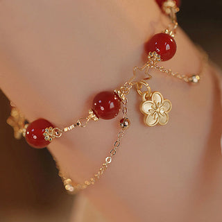 Buddha Gift 14k Gold Plated Red Agate Star Flower Charm Calm Bracelet