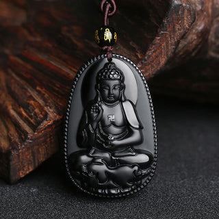 Buddha Gift Chinese Zodiac Natal Buddha Natural Black Obsidian Purification Necklace Pendant