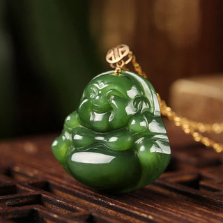 Buddha Gift 925 Sterling Silver Laughing Buddha Hetian Cyan Jade 18K Gold Success Necklace Chain Pendant