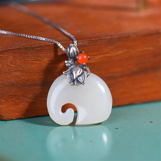 Buddha Gift White Jade Elephant Lotus Protection Necklace Pendant
