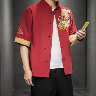 Buddha Gift Frog-Button Chinese Dragon Auspicious Cloud Embroidery Half Sleeve Shirt Cotton Linen Men Clothing
