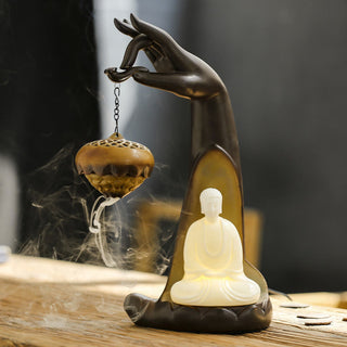 Buddha Gift Led Buddha Hand Backflow Smoke Fountain Healing Ceramic Stick Incense Burner Decoration