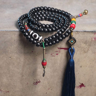 Buddha Gift 108 Beads Mala Ebony Wood Dzi Bead Copper Balance Tassel Bracelet
