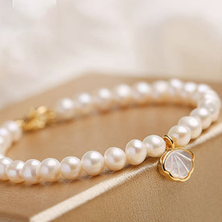 Buddha Gift 14K Gold Plated Natural Pearl Crystal Shell Charm Bead Bracelet