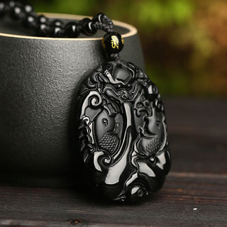 Buddha Gift Black Obsidian Koi Fish Bead Rope Fulfilment Strength Necklace Pendant