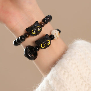 Buddha Gift Cute Ebony Wood Cat Head Pattern Peace Bracelet