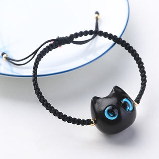 Buddha Gift Small Leaf Red Sandalwood Ebony Wood Cute Cat Head Calm Protection Braided Bracelet