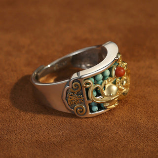 Buddha Gift 925 Sterling Silver Turquoise Red Agate PiXiu Abacus Protection Ring