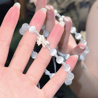 Buddha Gift Natural Black Obsidian Cat's Eye Pink Crystal PiXiu Strength Bracelet