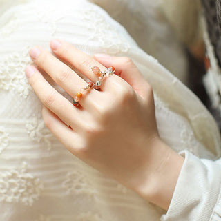 Buddha Gift 14k Gold Plated Copper Fu Lu Shou Crystal Peach Moonstone Happiness Wealth Ring