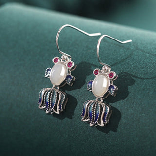 Buddha Gift 925 Sterling Silver Hetian White Jade Red Agate Cute Fish Happiness Drop Earrings