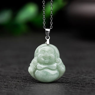 Buddha Gift 925 Sterling Silver Laughing Buddha Jade Blessing Necklace Chain Pendant