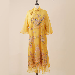 Buddha Gift 100% Mulberry Silk Organza Dress Embroidered Yellow Phoenix Qipao Cheongsam Dress