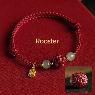 Buddha Gift Natural Cinnabar Chinese Zodiac Hetian Jade Fu Character Luck Rope Bracelet