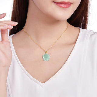 Buddha Gift 18K Gold 925 Sterling Silver Natural Jade Rose Luck Necklace Pendant