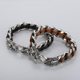 Buddha Gift Dragon Leather Titanium Steel Protection Luck Braided Bracelet