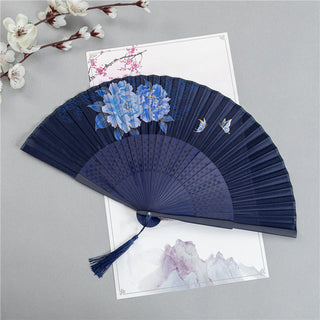 Buddha Gift Crane Dragonfly Lotus Peony Plum Blossom Butterfly Handheld Silk Bamboo Folding Fan 22.5cm