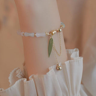 Buddha Gift 14K Gold Plated Hetian White Jade Bamboo Leaf Luck Protection Bracelet