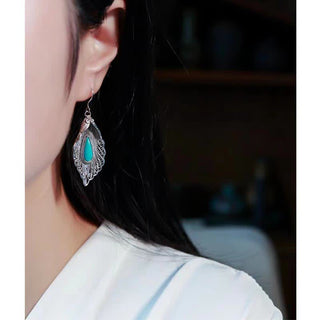 Buddha Gift 925 Sterling Silver Turquoise Bodhi Leaf Pattern Protection Drop Dangle Earrings