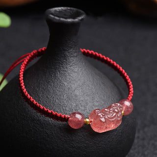 Buddha Gift Natural Strawberry Quartz PiXiu Lucky Red String Bracelet