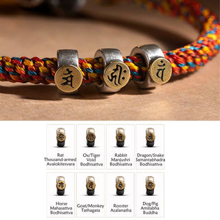 Buddha Gift Handmade Tibetan 925 Sterling Silver Chinese Zodiac Natal Buddha Zakiram Goddess of Wealth Protection Multicolored Rope Braided Bracelet