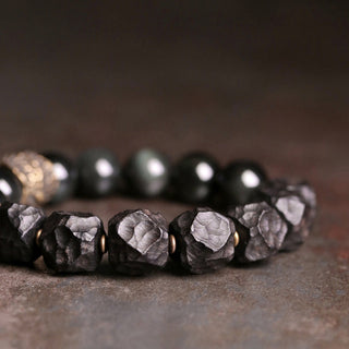 Buddha Gift Black Obsidian Ebony Wood Copper Strength Couple Bracelet