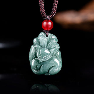 Buddha Gift Natural Green Jade Nine Tailed Fox Engraved Prosperity Necklace Pendant