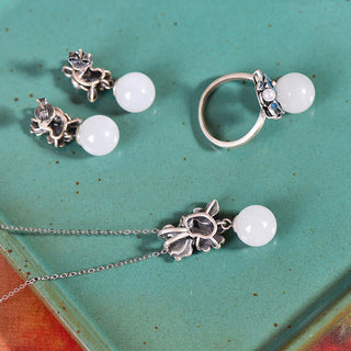 Buddha Gift White Jade 925 Sterling Silver Pearl Flower Blessing Necklace Pendant Ring Earrings