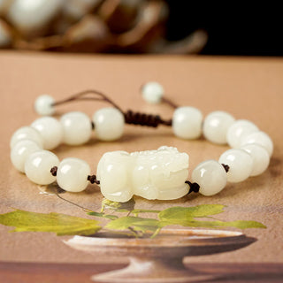 Buddha Gift Natural Hetian White Jade PiXiu Wealth String Bracelet